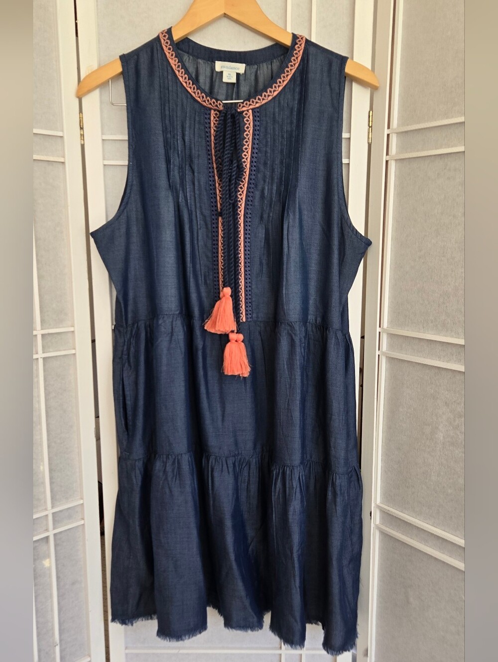 Sundance Navy Tiered Sleeveless Dress with Coral Tassels